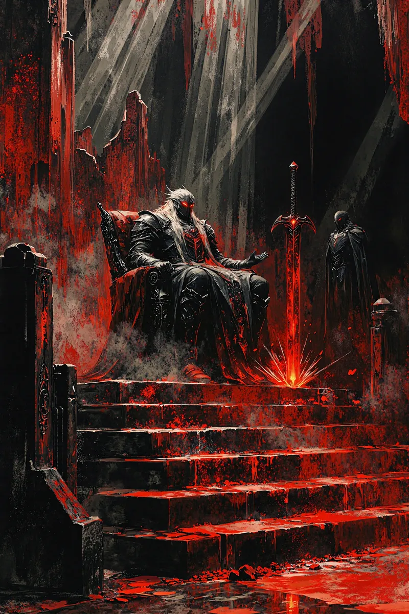 Elric of Melniboné with long white hair and crimson eyes seated on a ruby throne wearing dark ornamental armor and a dragon mask, with the black longsword Stormbringer glowing red, set in a ruined Imperial Hall with dramatic lighting and red accents.