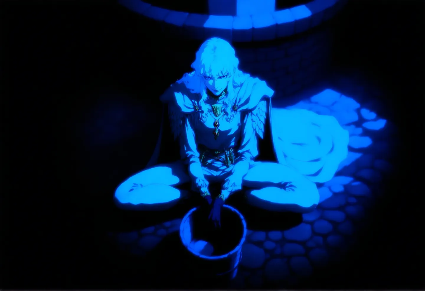 Griffith from Berserk sitting cross-legged in a dimly lit stone courtyard, bathed in intense blue lighting, wearing a white robe with jewelry and smirking broodingly while reaching into a bucket by a well.