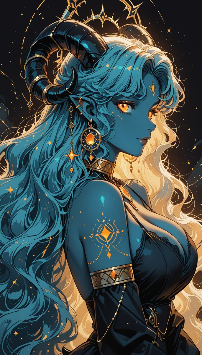 Fantasy portrait of a blue-skinned demon girl with large black horns, golden jewelry, intricate tattoos, and flowing long blue hair against a dark background.