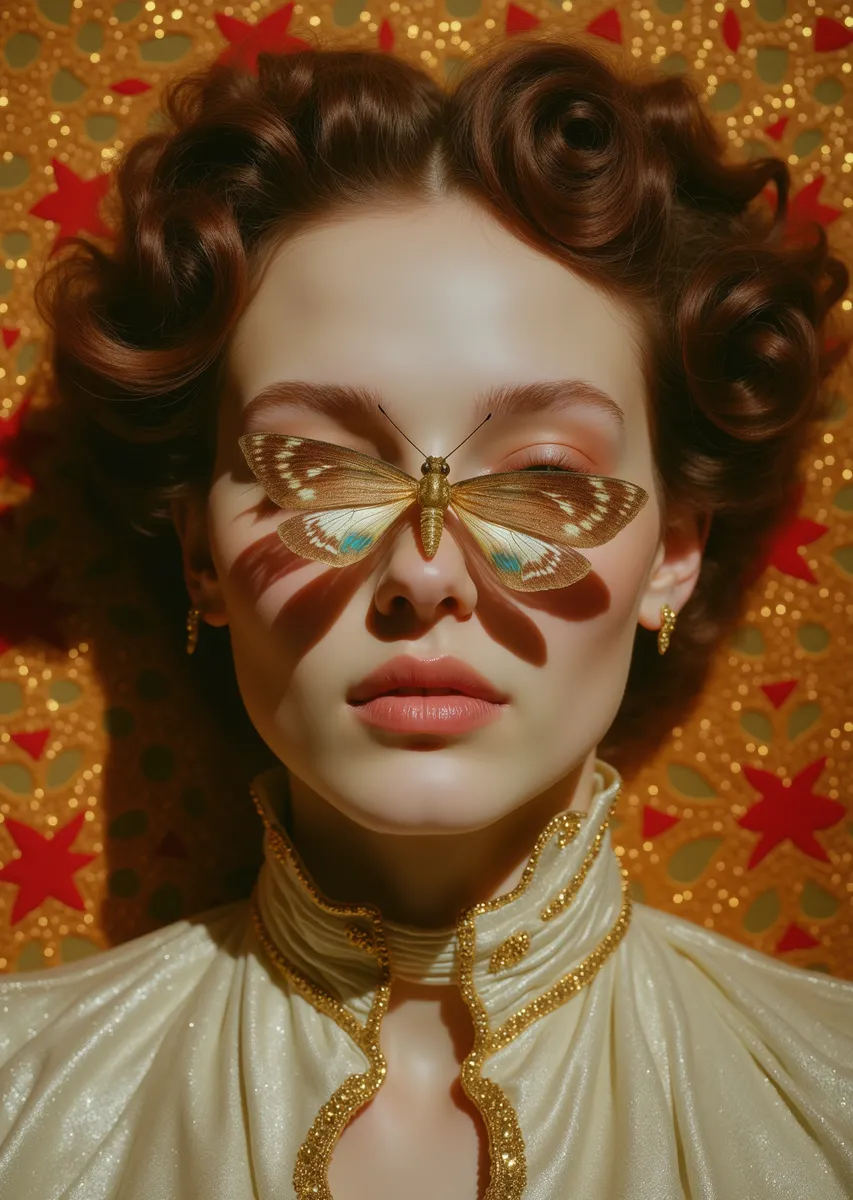 Hyper-realistic portrait of a pale-skinned medieval woman with rich curly hair and a large brown moth resting on her face, set against a golden background with red embroidery.