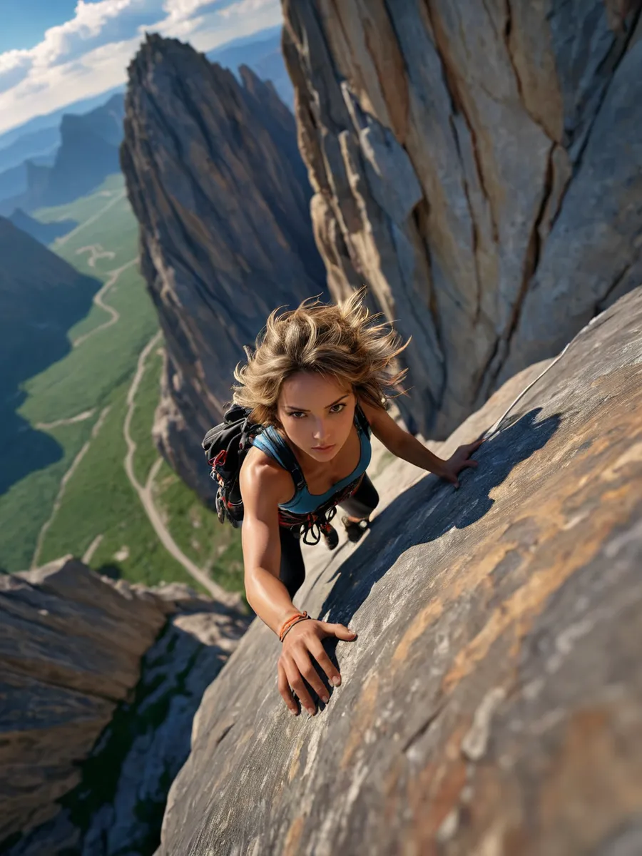 A female rock climber with determined expression ascends a steep cliff in a vast rocky desert landscape, captured from a bird's eye third-person POV.