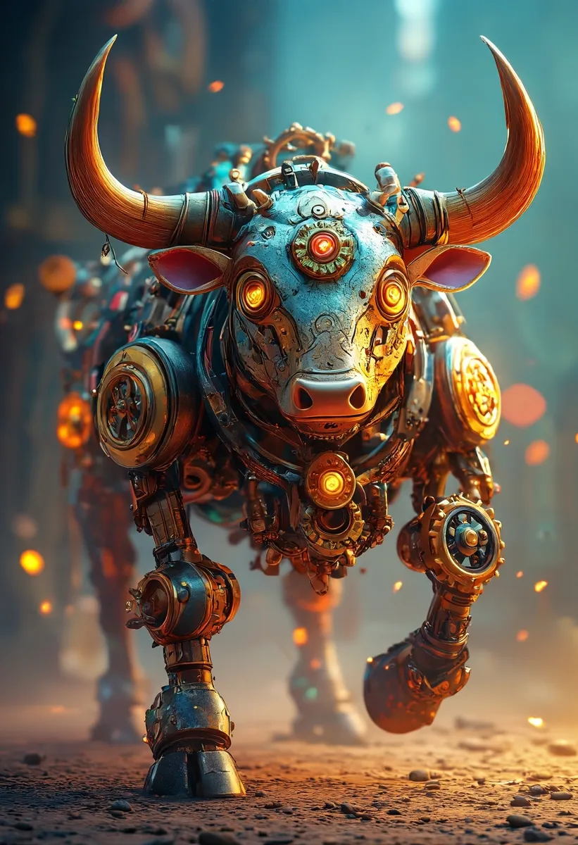 3D rendered mythical mechanical bull with large curved horns, glowing orange eyes and details, metallic body with steampunk elements, walking forward under dynamic lighting and volumetric effects.