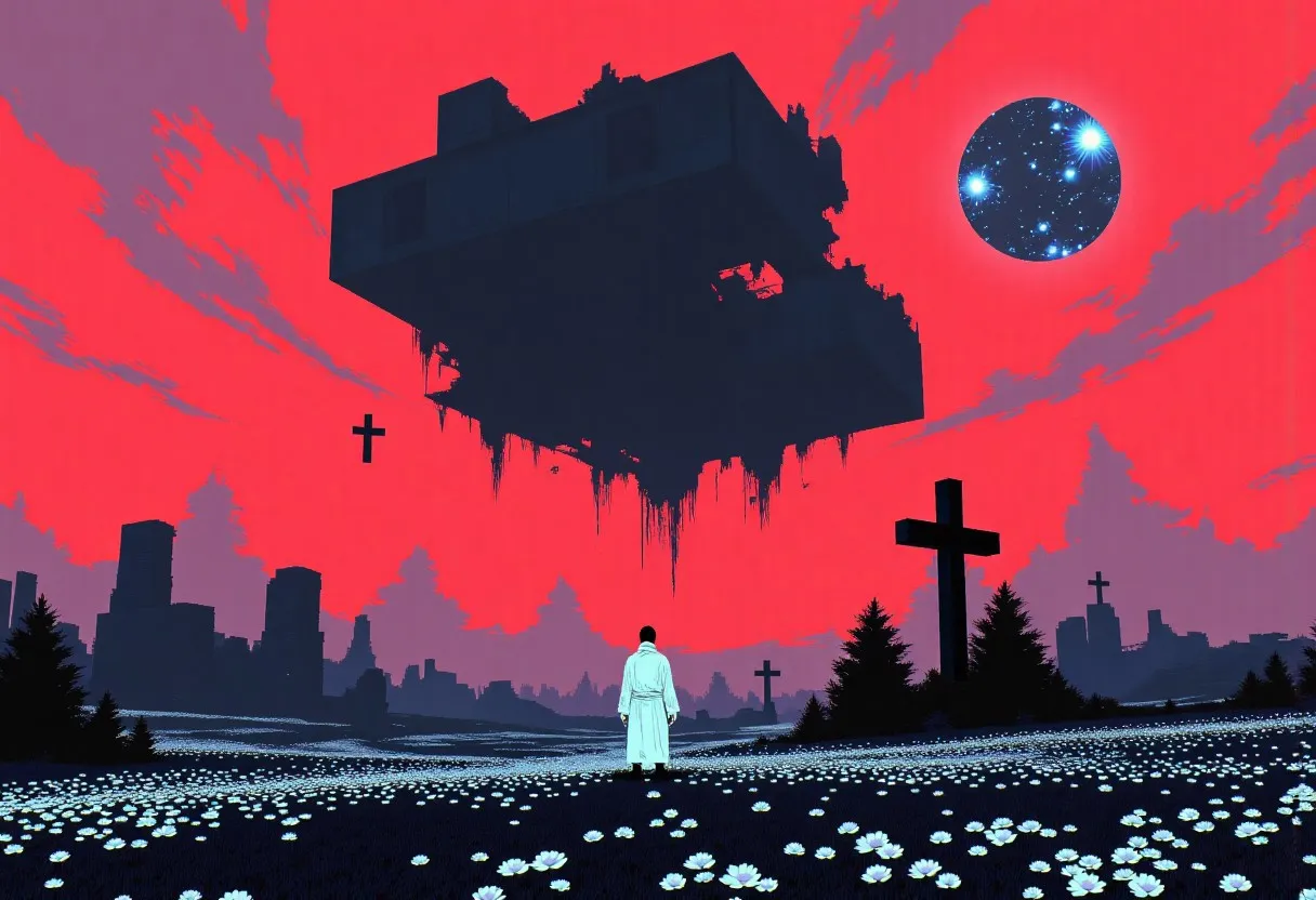 A surreal digital painting showing a lone figure in a white robe standing in a glowing flower field beneath a massive floating black monolith and a cosmic sphere amidst red mist and black crosses.