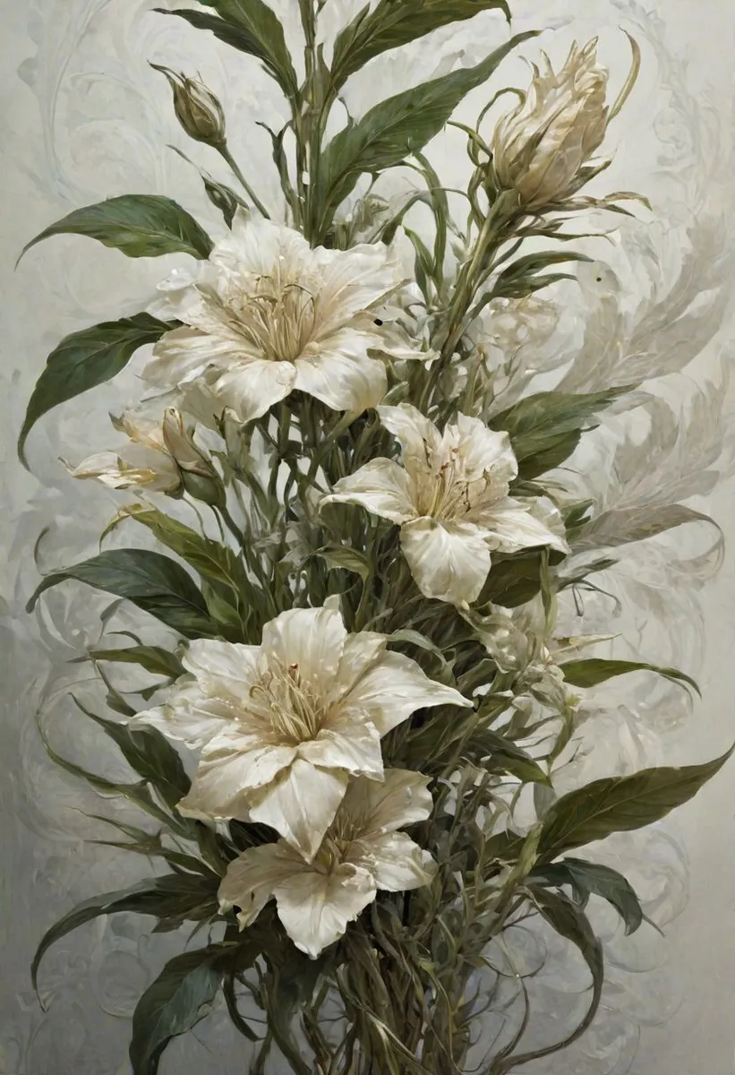 A detailed botanical artwork of white lilies with lush green leaves in a painterly KarolBakXL style, highlighting delicate petals and intricate foliage.