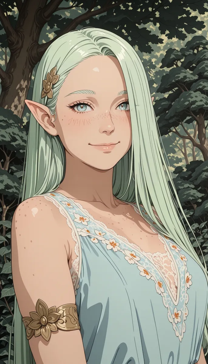 An anime-style elf girl with long light green hair, pointy ears, freckles, and a light blue floral summer dress, smiling softly in a dense forest background.