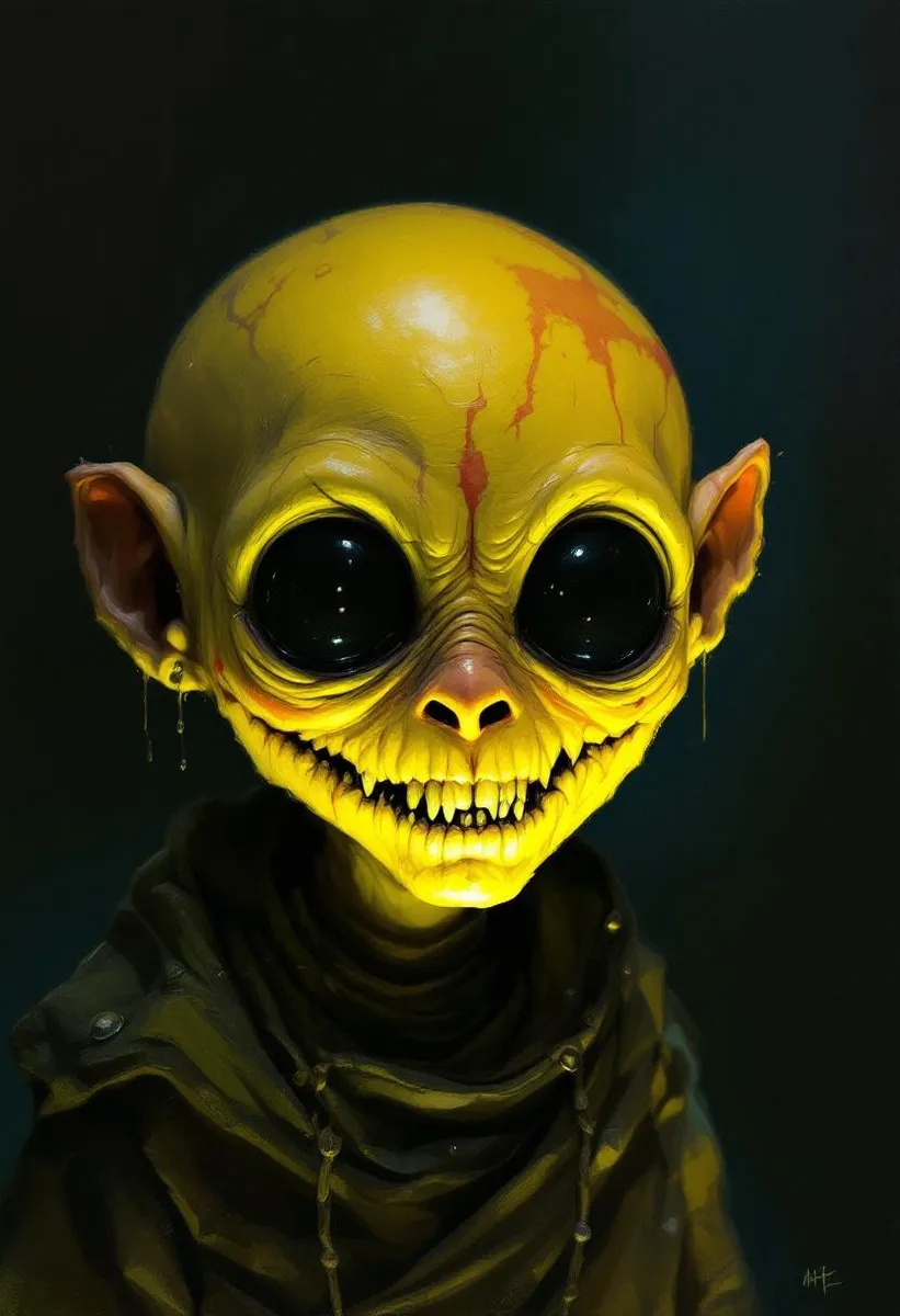 Portrait of a tiny creepy creature with yellow skin, large black eyes, and sharp teeth, wearing tribal clothes under volumetric lighting with a dark background.