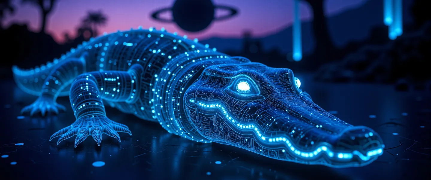A translucent biomechanical alligator with glowing turquoise circuits beneath its crystalline hide, glowing eyes, set in a twilight alien jungle with bioluminescent plants and two ringed planets in the purple sky.
