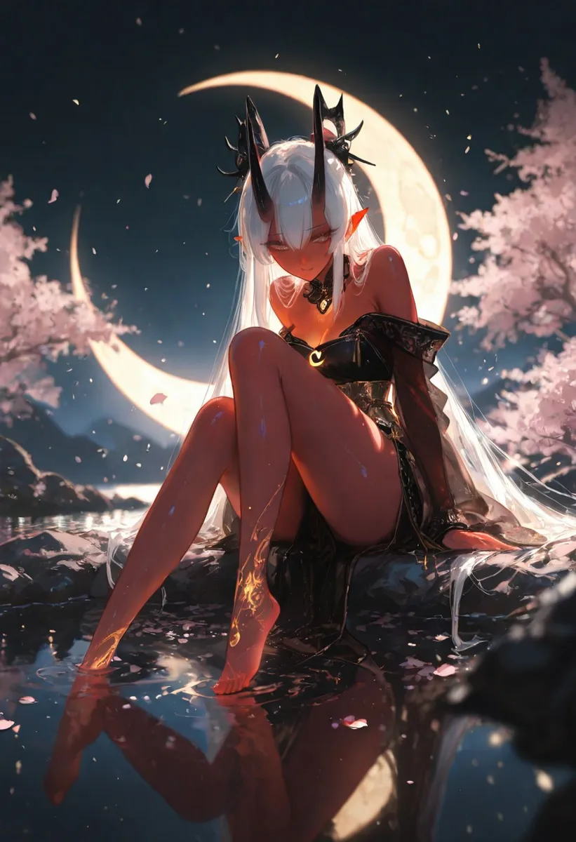 A detailed illustration of a red-skinned oni girl with white hair and black horns sitting on a glowing crescent moon above a tranquil lake, surrounded by cherry blossom petals at night.