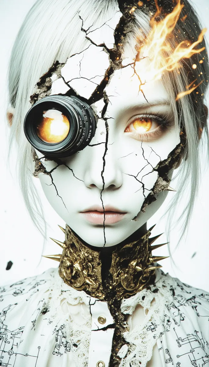 Close-up of a fractured porcelain face with one eye replaced by a glowing vintage camera lens, golden spiked collar, and fire embers flickering from cracked skin.