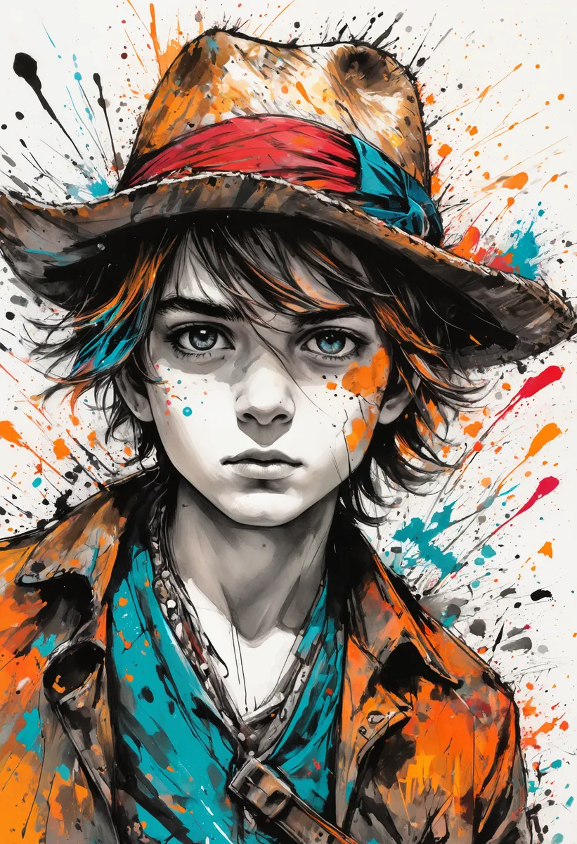 Expressionist portrait of a young pirate boy wearing a worn straw hat with vibrant ink splatters and bold brush strokes in an abstract, dynamic composition.