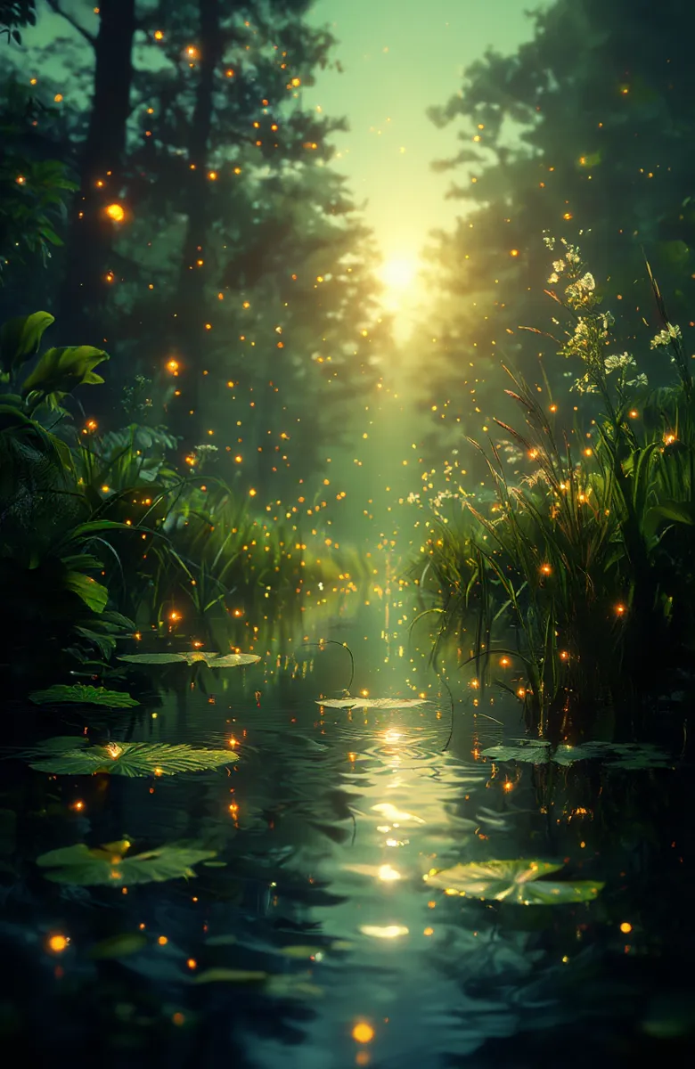Digital painting of a serene forest pond at sunset with glowing fireflies, lily pads floating on calm water, and soft diffused light filtering through tall trees.