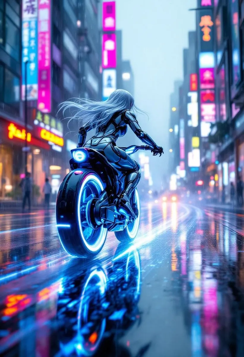 Silver-haired cyborg girl riding a glowing anti-gravity bike on a wet, reflective street in a cyber-rainy megacity illuminated by neon signs.