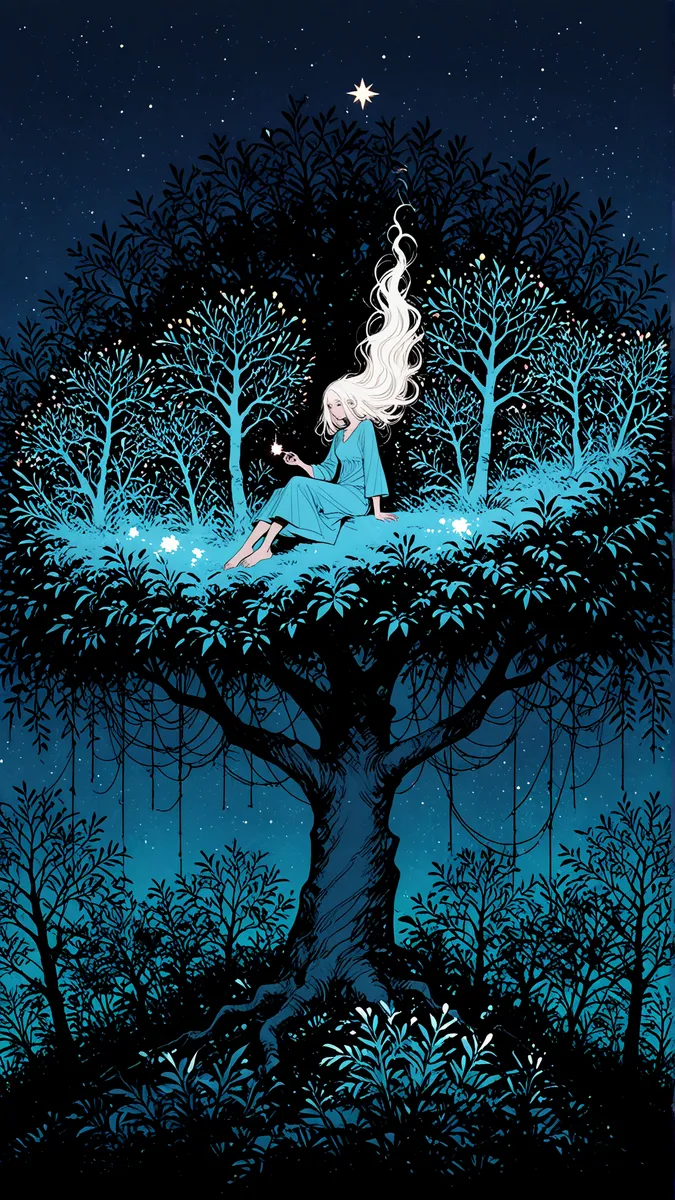 A white-haired girl wearing a nightgown sits serenely on a glowing tree branch in a dark forest under a starry night sky, with bioluminescent plants surrounding her.