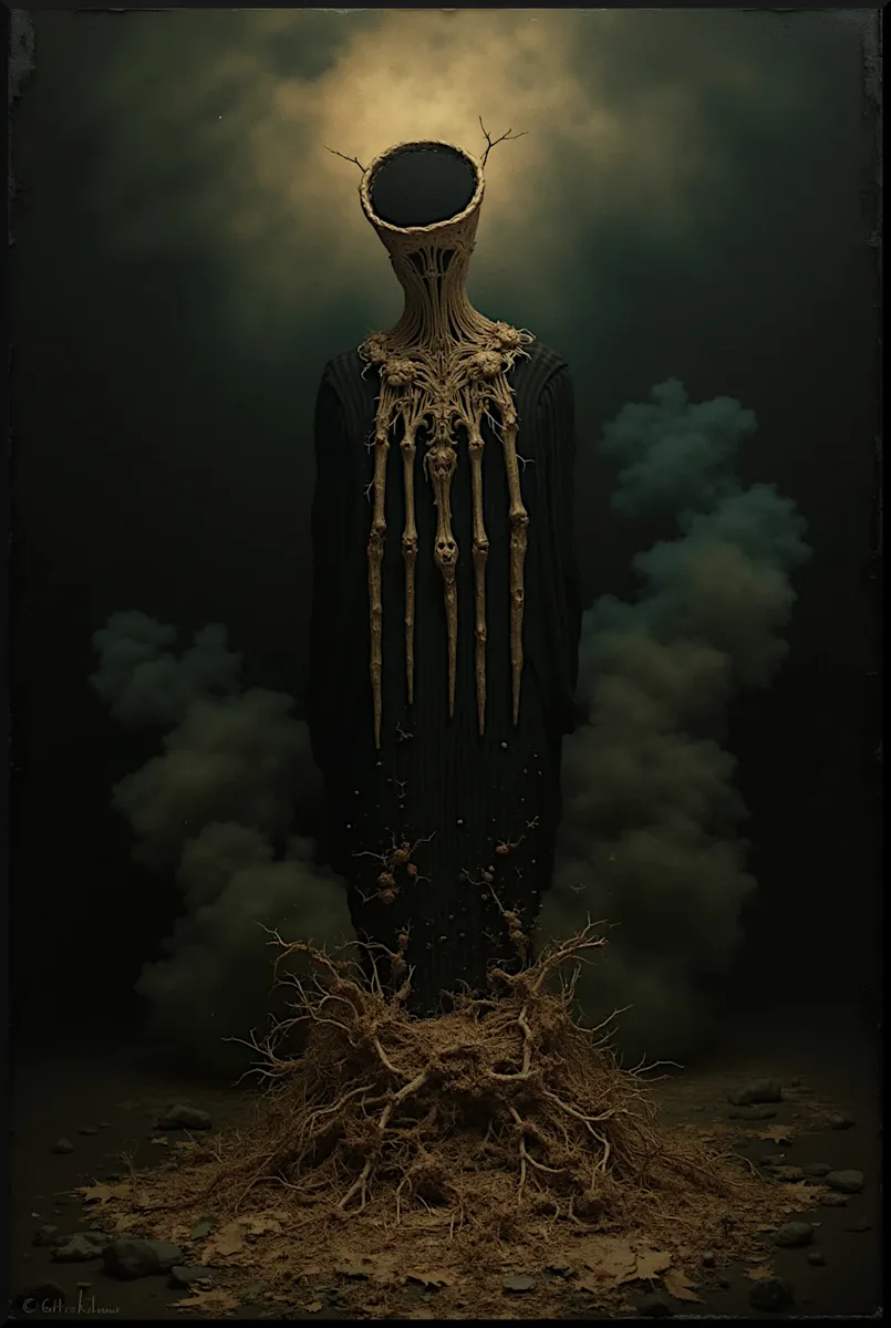 A haunting, surreal skeletal figure with an empty, circular head and long, bone-like extensions, standing amid twisted roots and dark smoky background under a moody cinematic light.