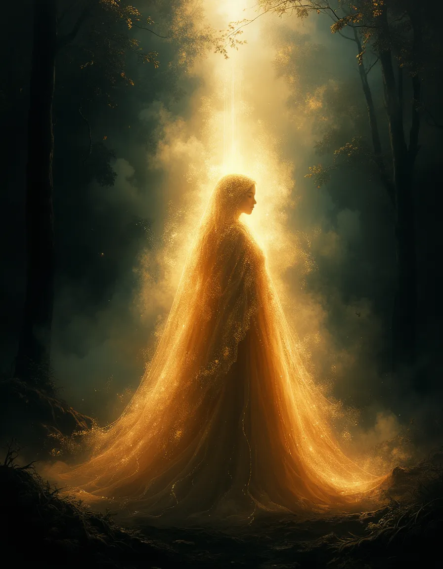 A glowing female figure stands in a dark forest clearing, wrapped in a radiant, star-patterned cloak dissolving into a beam of heavenly light, surrounded by mist and sparkles.