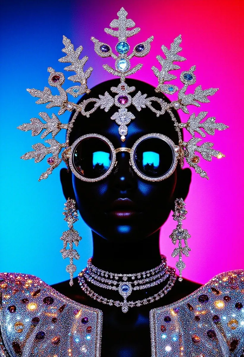 High-contrast portrait of a dark-skinned figure wearing a radiant rhinestone crown and large round reflective sunglasses against a vibrant blue and magenta gradient background.