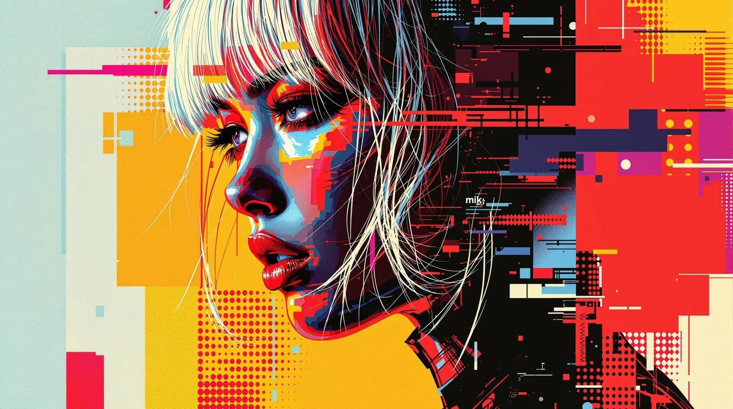 Profile of a young Japanese sci-fi soldier with bleach-blonde hair in pop-art style, featuring abstract overlays, halftone texturing, and glitch elements in a colorful background.