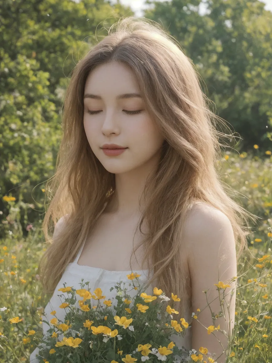A serene woman with closed eyes stands amidst wildflowers, softly illuminated by warm sunlight with gentle breeze in the background.