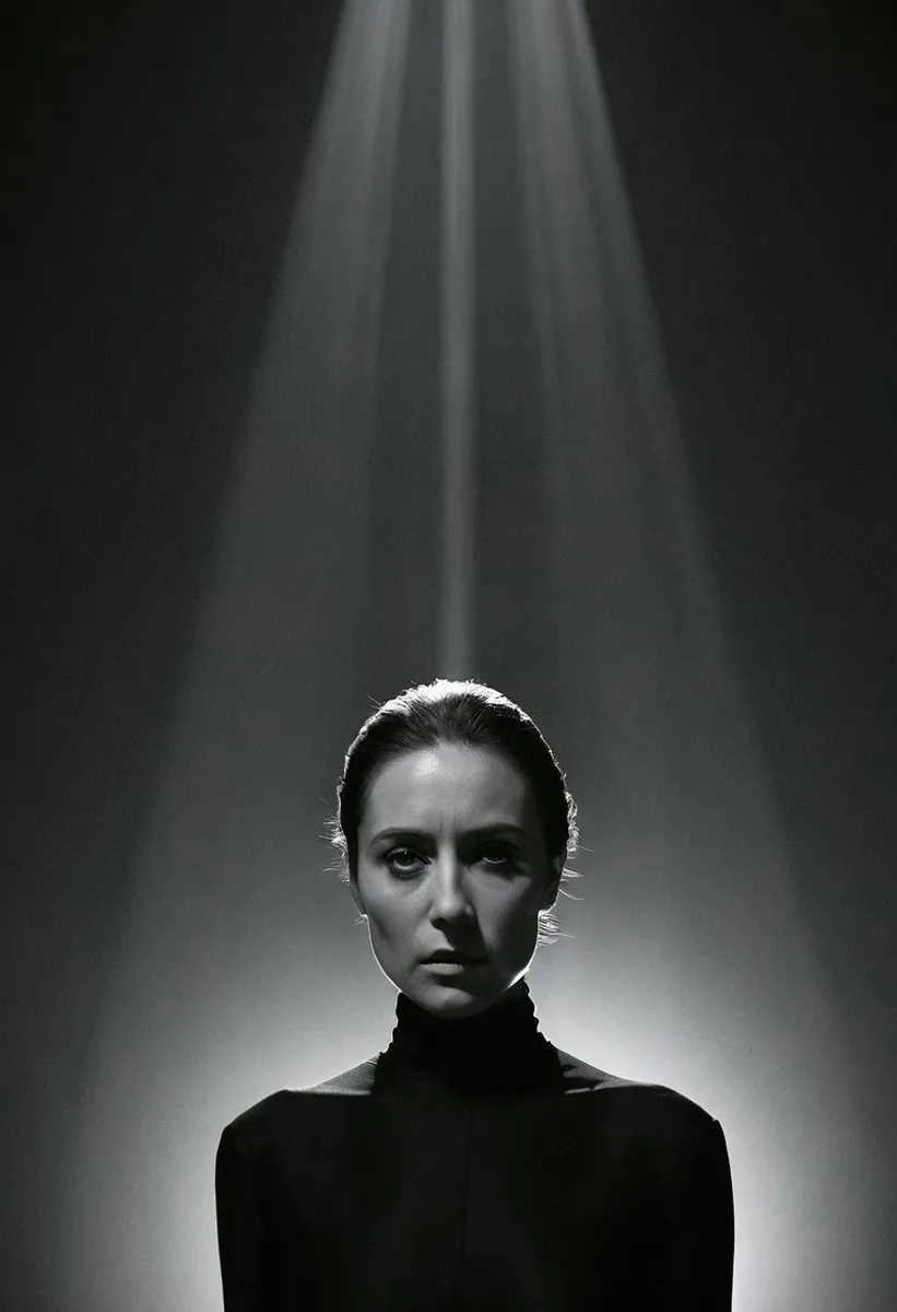 A regal woman dressed in a high-neck black gown is illuminated by a single sharp beam of light from above in a high contrast greyscale image with heavy grain and minimalist composition.