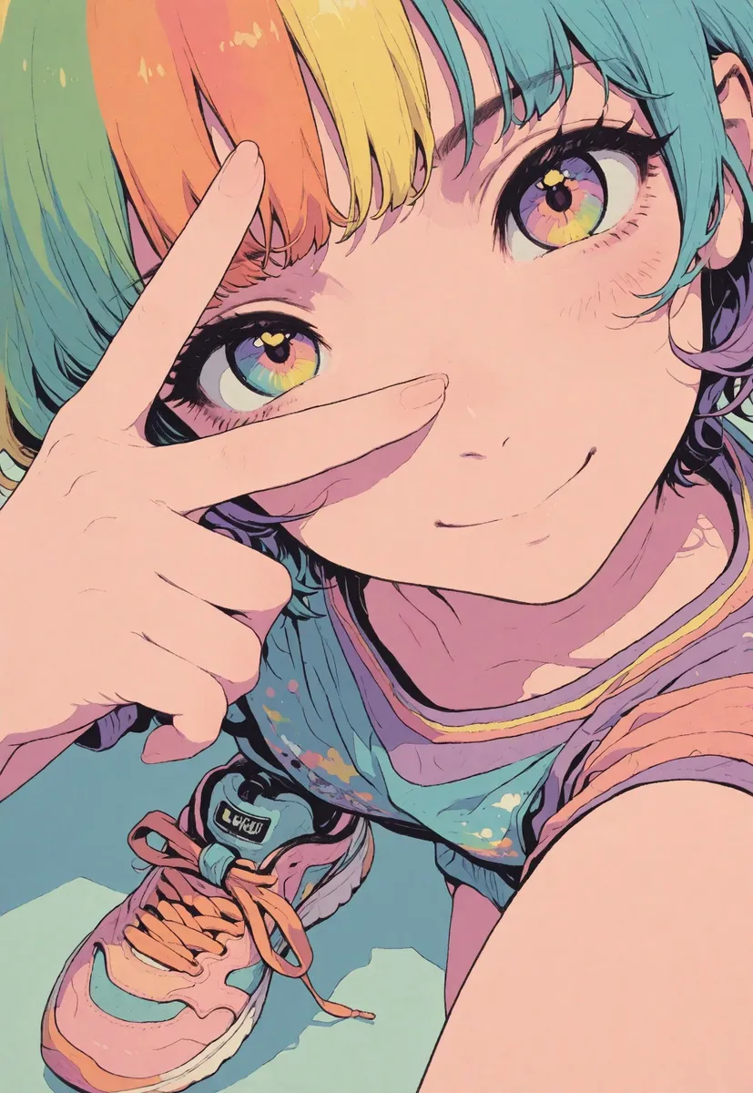 Close-up illustration of a girl with rainbow-colored hair and eyes, wearing colorful clothes and thick sneakers, showing a cute smile with a V sign over one eye in a flat, kawaii art style.