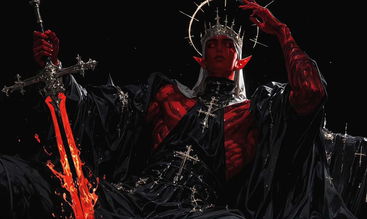A muscular red-skinned man with pointed ears wearing a dark flowing robe adorned with crosses, holding a flaming sword upright. He wears a metallic crown with a glowing halo behind his head, set against a black background with dramatic lighting highlighting his detailed form.