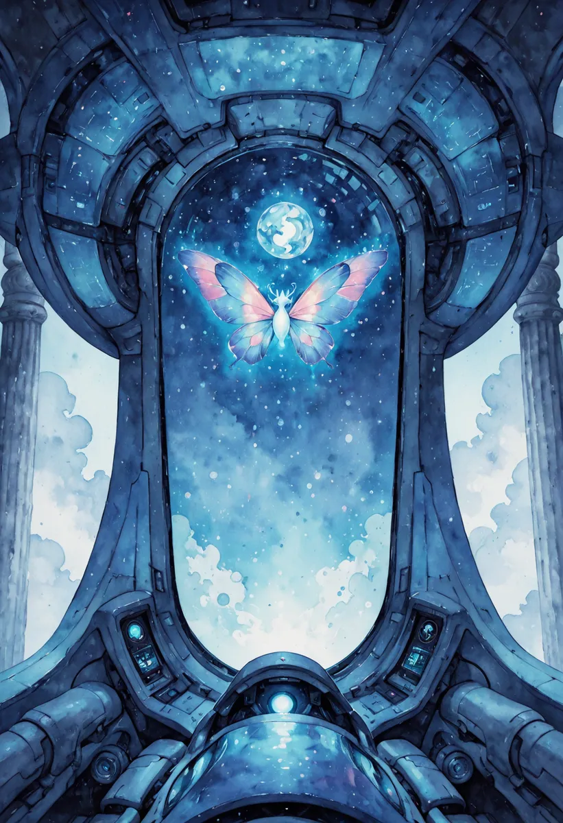 View from a sci-fi cockpit framing a glowing iridescent butterfly floating against a starry blue sky with clouds and stone columns.