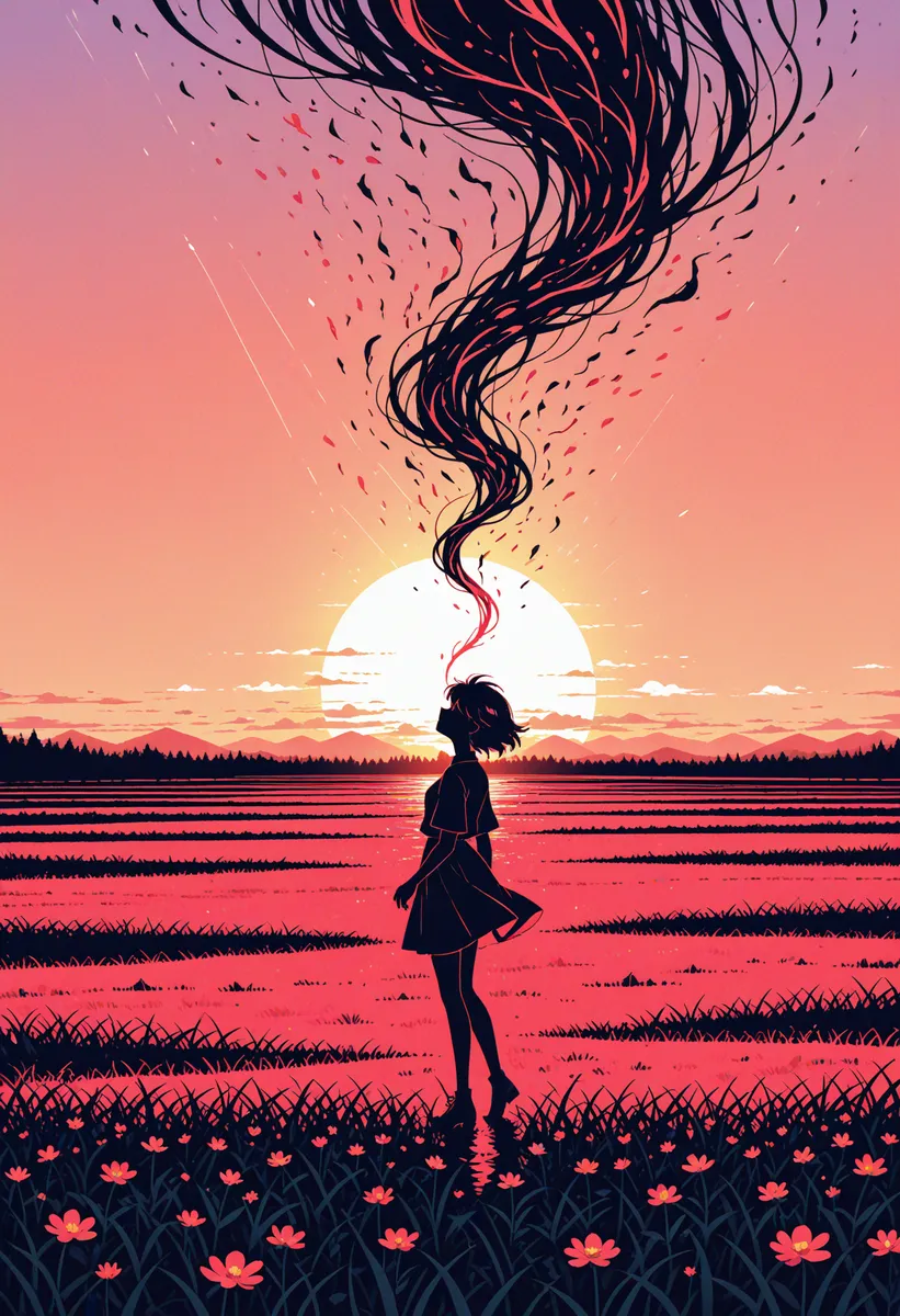 Silhouette of a girl standing in a flowering meadow at sunset with a surreal twisted shadow swirling upward into a peach and mauve sky