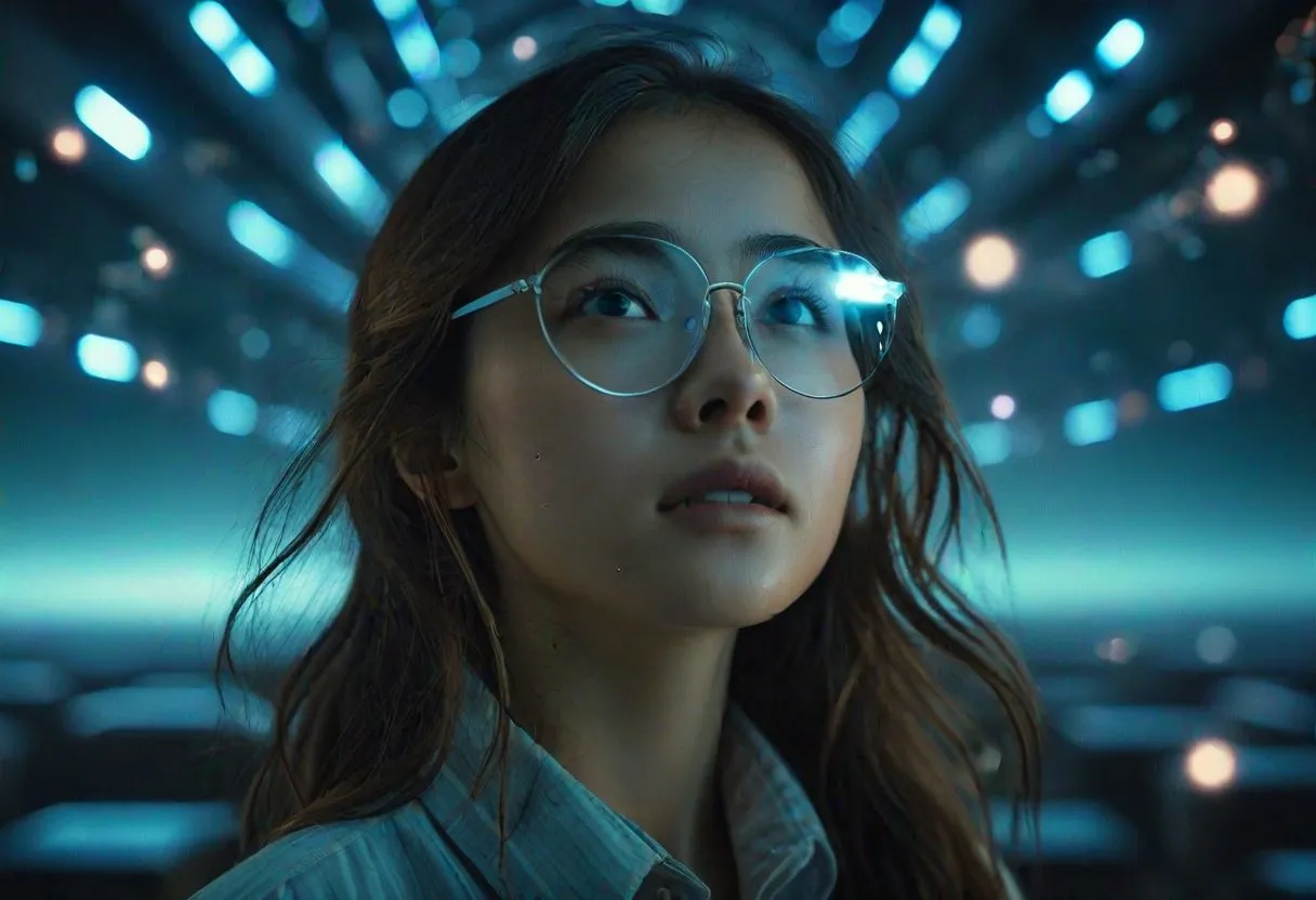 A realistic young woman with long hair and glasses looking up, illuminated by atmospheric blue moonlight and surrounded by sci-fi city lights.