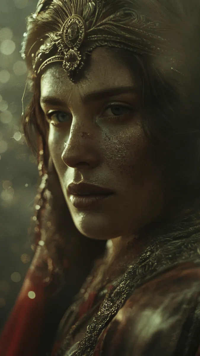Close-up cinematic portrait of a Slavic goddess of war wearing an ornate ancient headpiece and richly detailed costume with moody lighting.