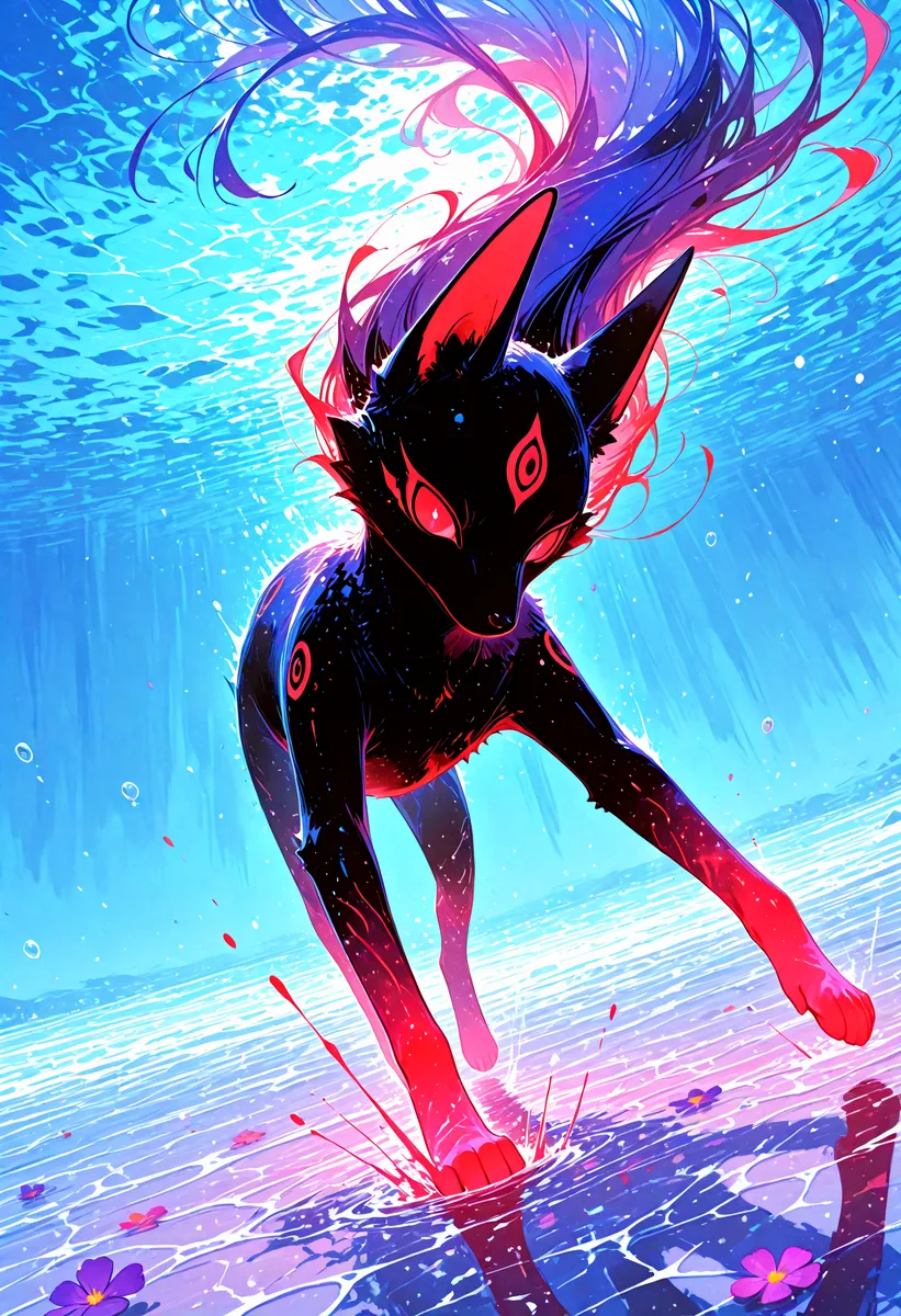 A mystical black jackal with glowing red eyes and violet-blue flowing fur in a dynamic pose, splashing water painted in vibrant watercolor style with transparent layers and caustics.