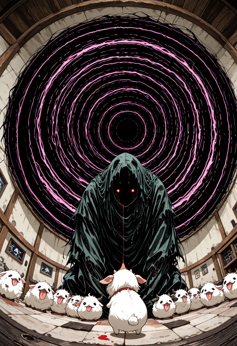 A dark hooded figure with glowing red eyes leans over a group of small white creatures called poros, set against a fisheye distorted circular purple vortex background with a wooden interior room.
