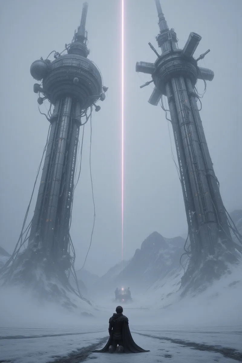 A digital illustration featuring two towering futuristic metallic structures emitting ethereal light, set in a vast snow-covered landscape with a person kneeling contemplatively in the foreground under a misty sky.