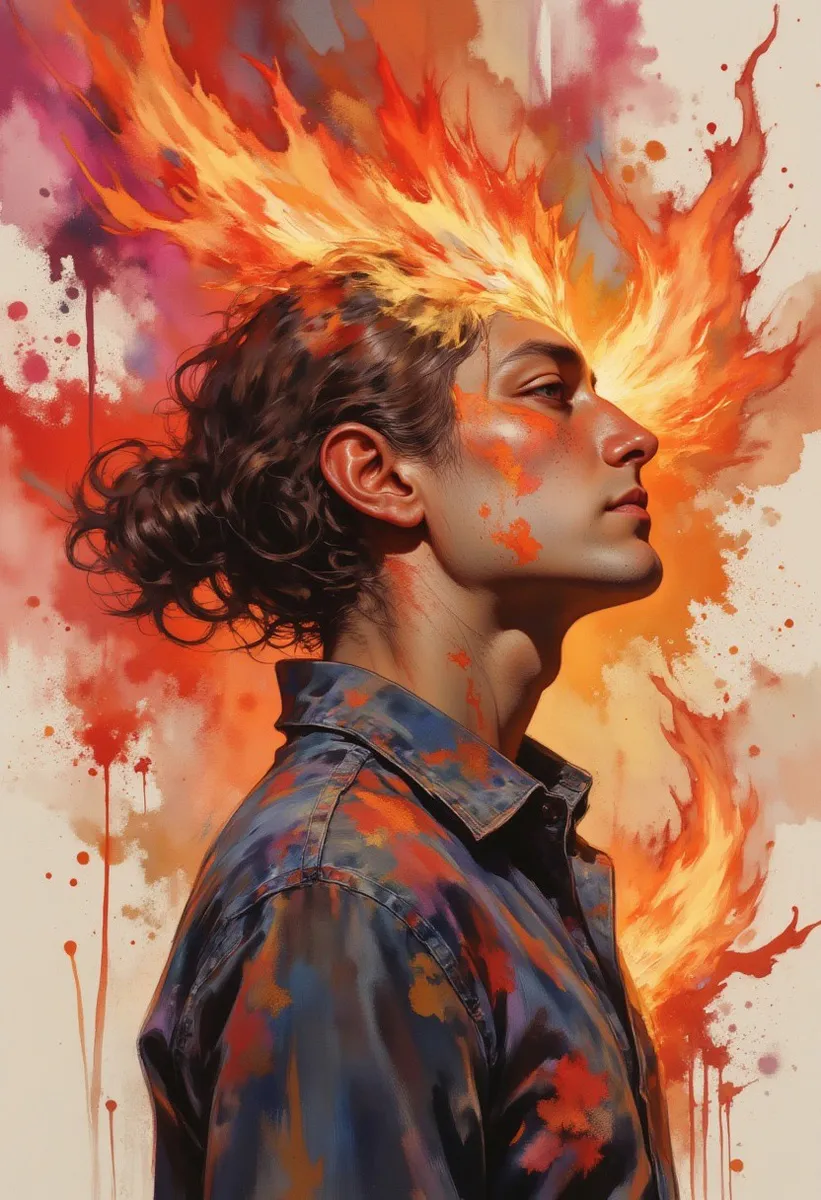 Watercolor portrait of a middle-aged man in right-side profile with dark wavy hair glowing like fire. His shirt has vivid splashes of paint, set against a vibrant background of orange, red, and magenta flames.
