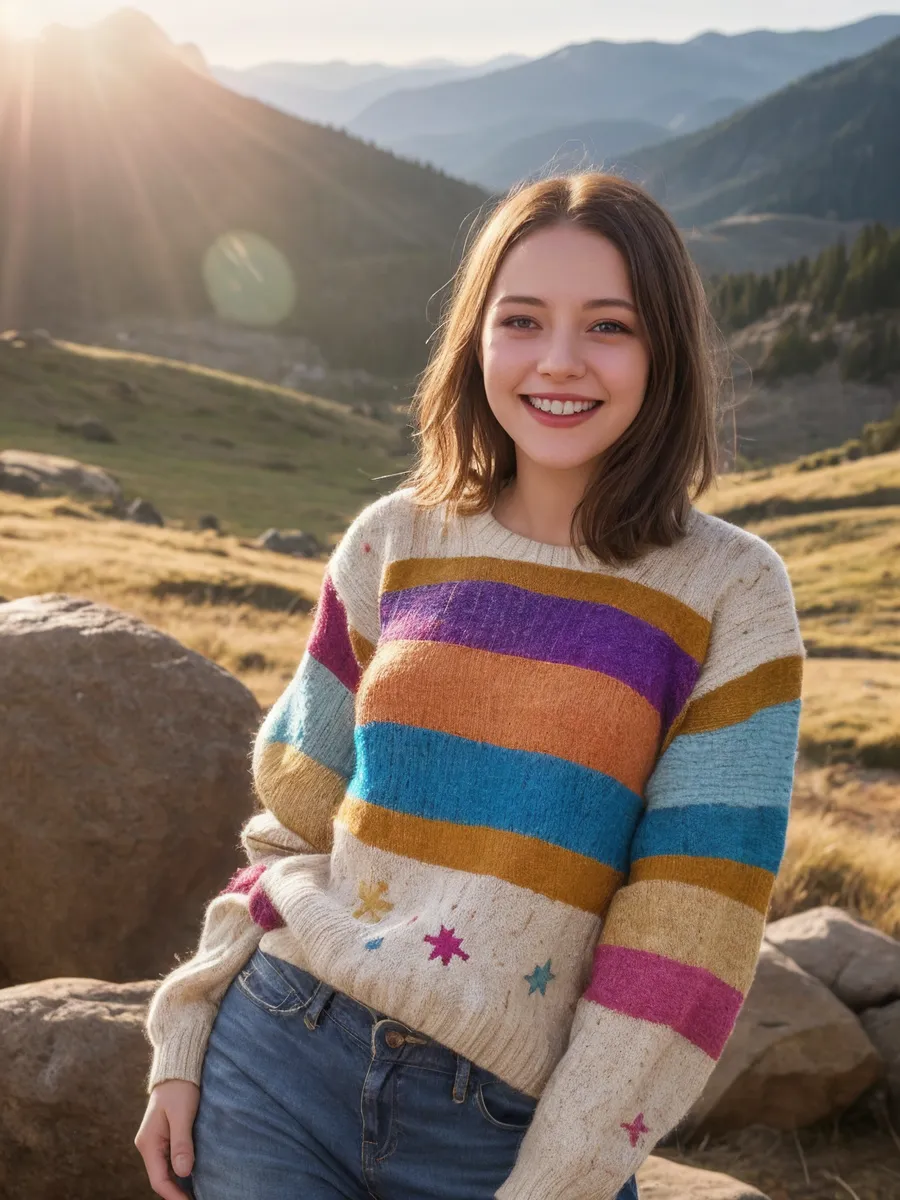 Happy woman wearing a colorful patchwork sweater smiling outdoors in a mountainous landscape with sunlight and lens flare effects.