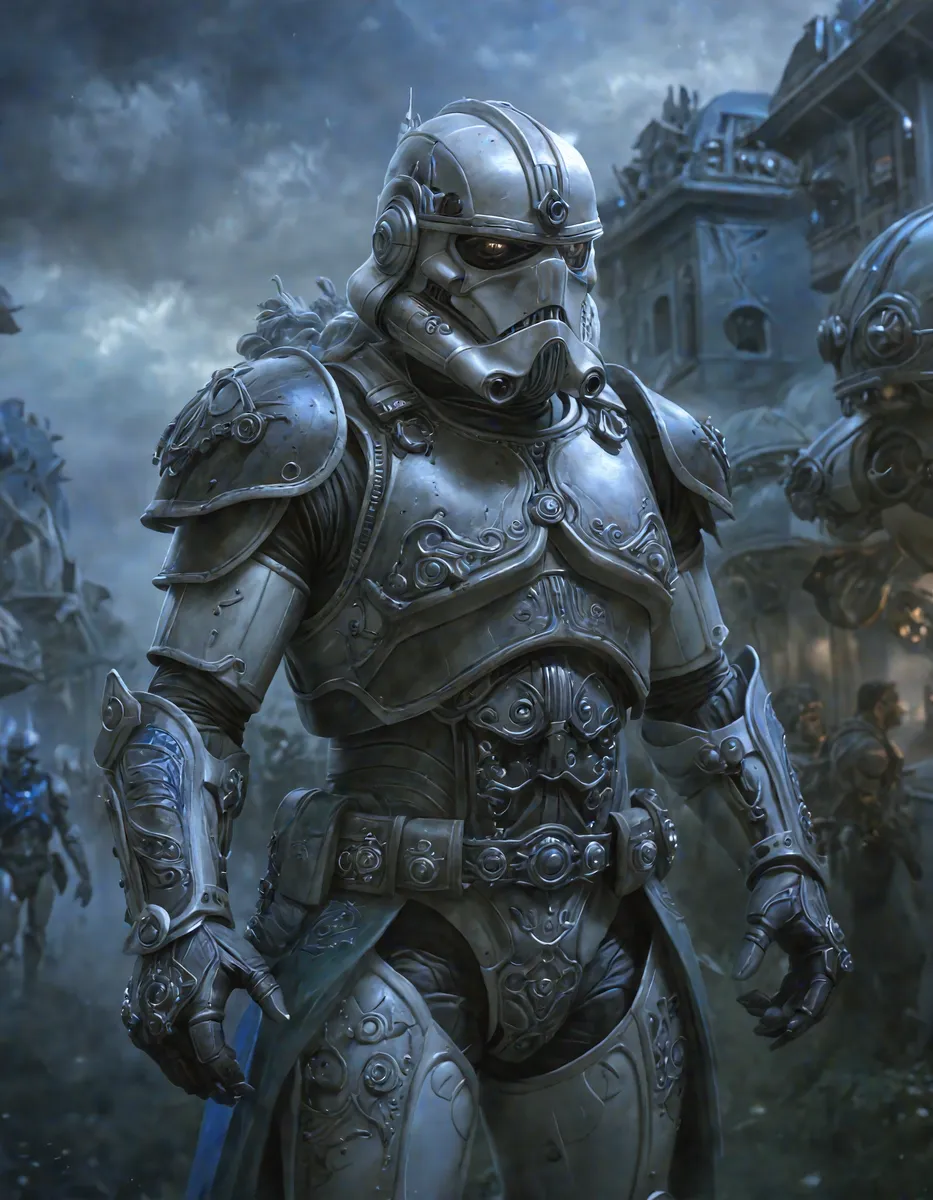 Highly detailed fantasy stormtrooper wearing realistic, ornate metal armor with large pauldrons, set in a dark, stormy environment with futuristic and medieval elements.