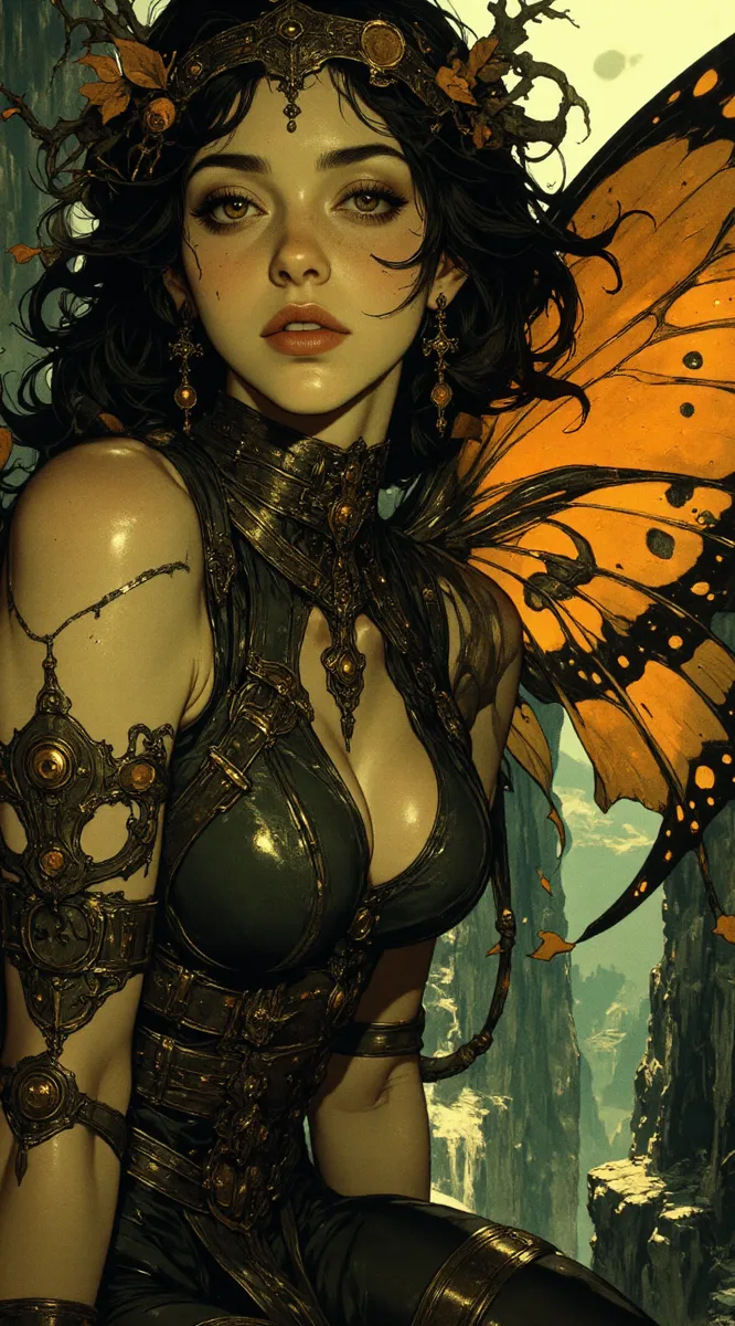 Close-up portrait of a dark fairy with luminous amber butterfly wings wearing gothic leather armor adorned with bronze filigree and nature-inspired decorations, set against misty canyon cliffs.