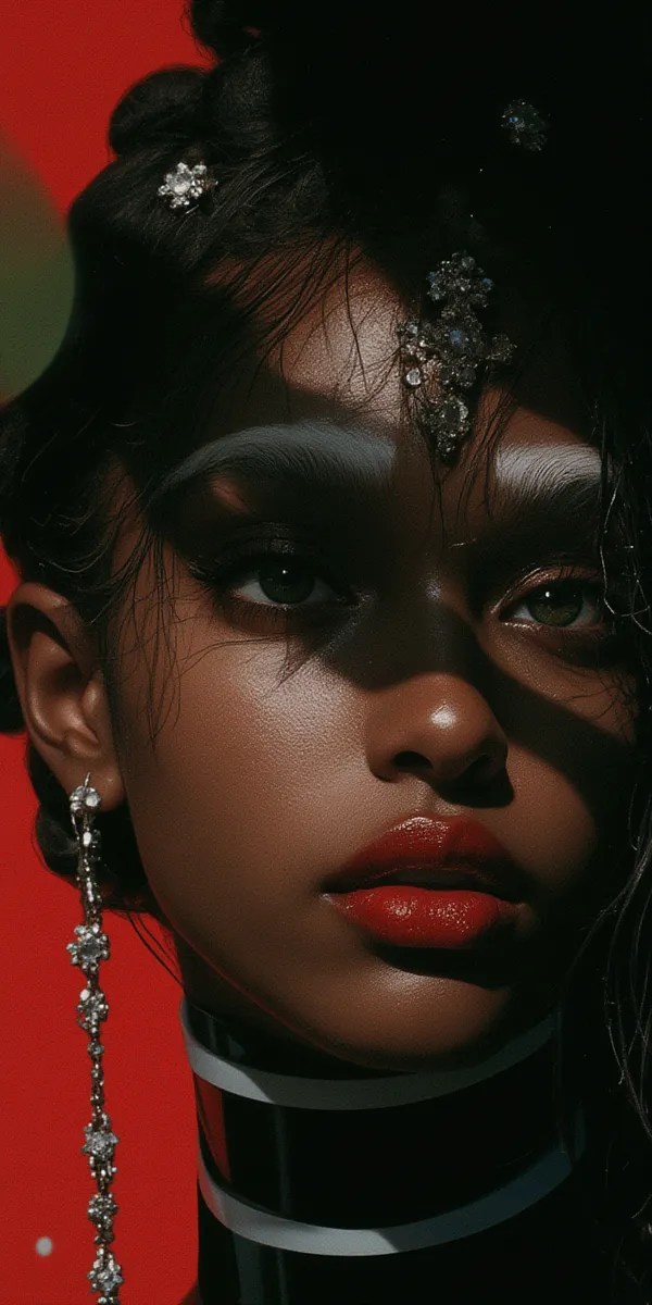 High-contrast portrait of a dark-skinned person with glossy smooth skin and sculptural afro topknot adorned with rhinestone diamond ornaments against a red background with bold shadows.