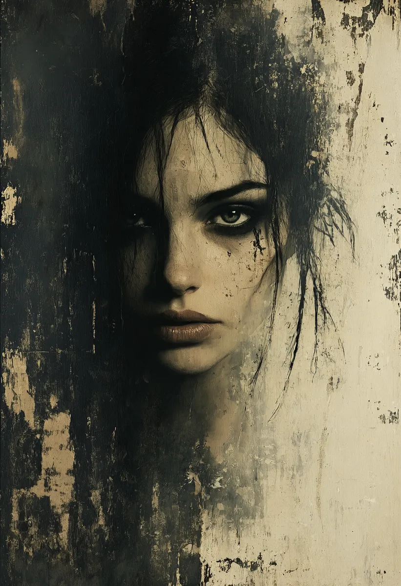 Portrait of a woman's face with a moody grunge style featuring deep textured brushstrokes, dark atmospheric tones, and melancholic colors.