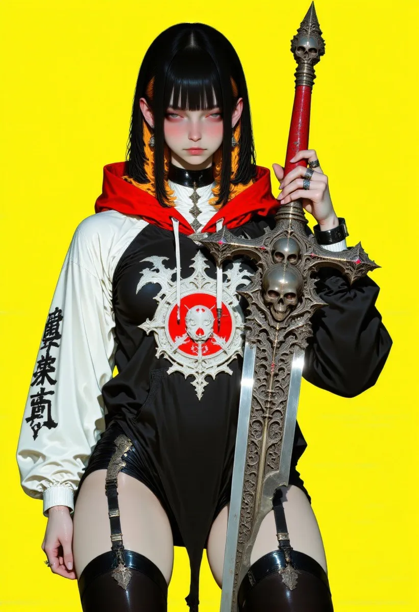 Digital illustration of a young woman with black hair and orange streaks, wearing a black and white hoodie with Japanese kanji, holding a large gothic sword with skull motifs against a bright yellow background.