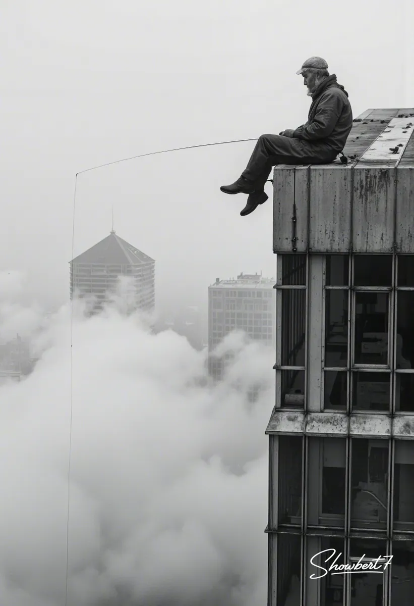 Black and white cinematic image of an old fisherman in traditional rain gear sitting on the edge of a tall skyscraper, fishing into thick fog covering the city below.