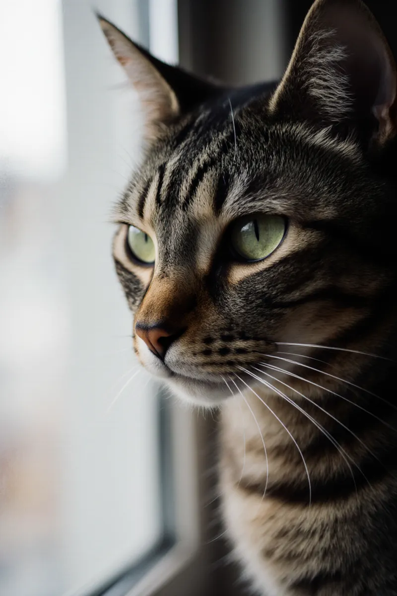 Close-up of a pensive tabby cat with green eyes looking out a window in soft natural light, showing detailed fur and whiskers.