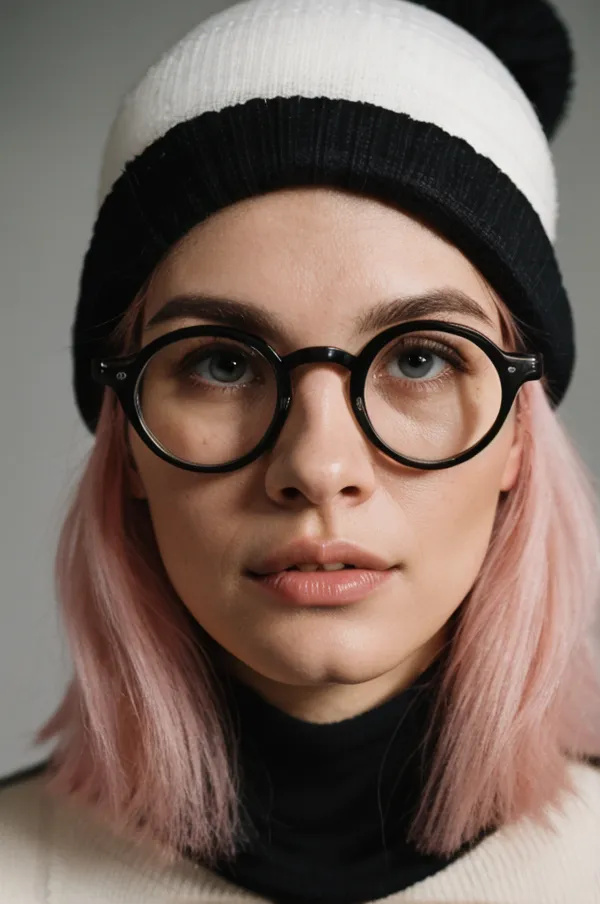 Close-up analog portrait of a young woman with pink hair wearing round black glasses, a black beanie, and a black turtleneck against a plain white background.