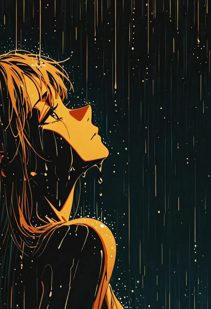 Side profile of a sad warrior princess looking up in the rain, painted with high contrast lighting and prominent grain effects.