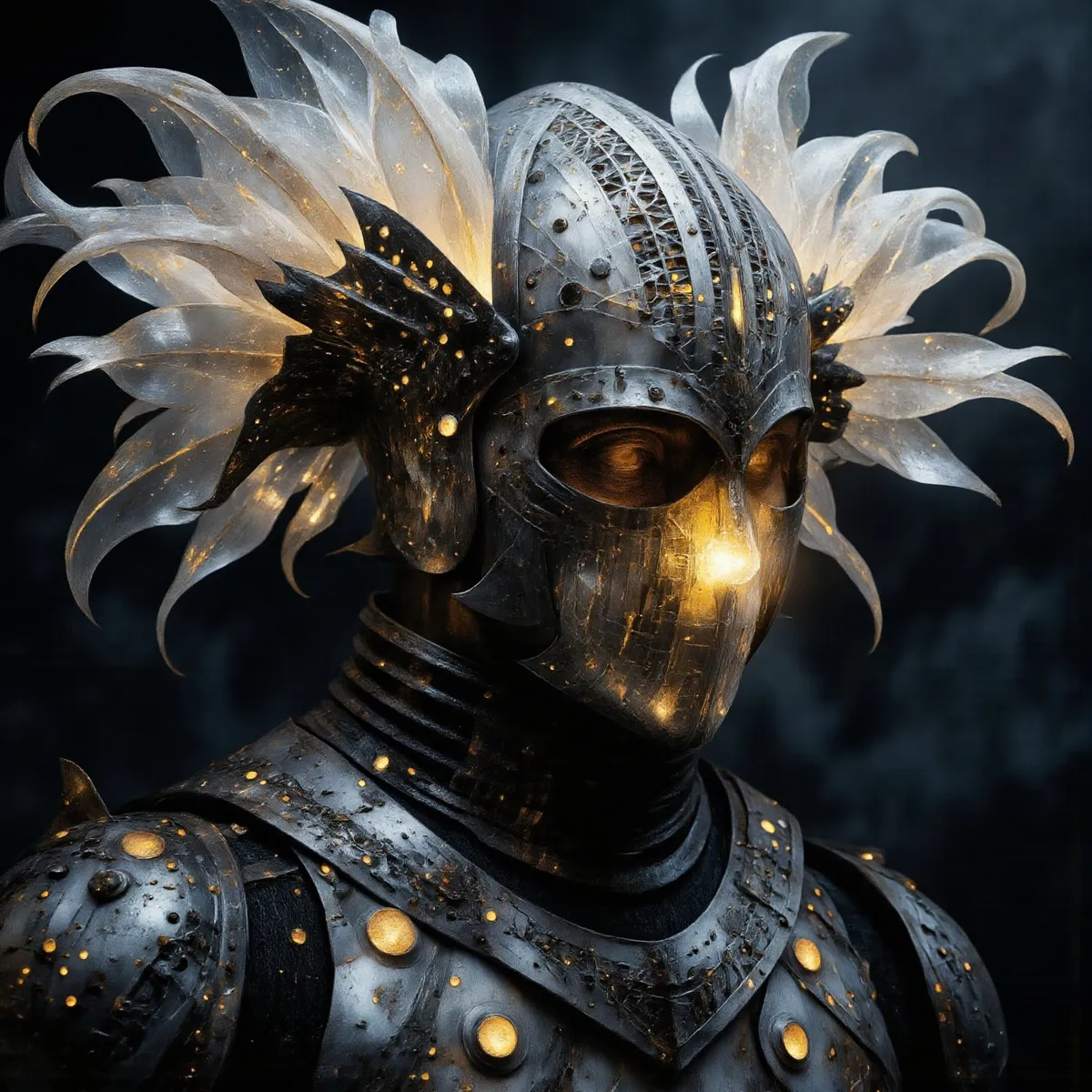 A medieval knight wearing an ornate textured glass armor with illuminated pale lobes extending from the helmet, glowing softly in a dark setting.