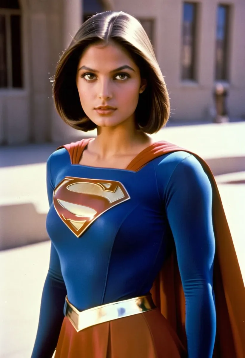 Ultra-realistic photo of a youthful Algerian woman dressed in a 1980s Supergirl film costume, featuring a shiny, voluminous, smooth, straight short bob haircut with side-parting, standing facing forward.