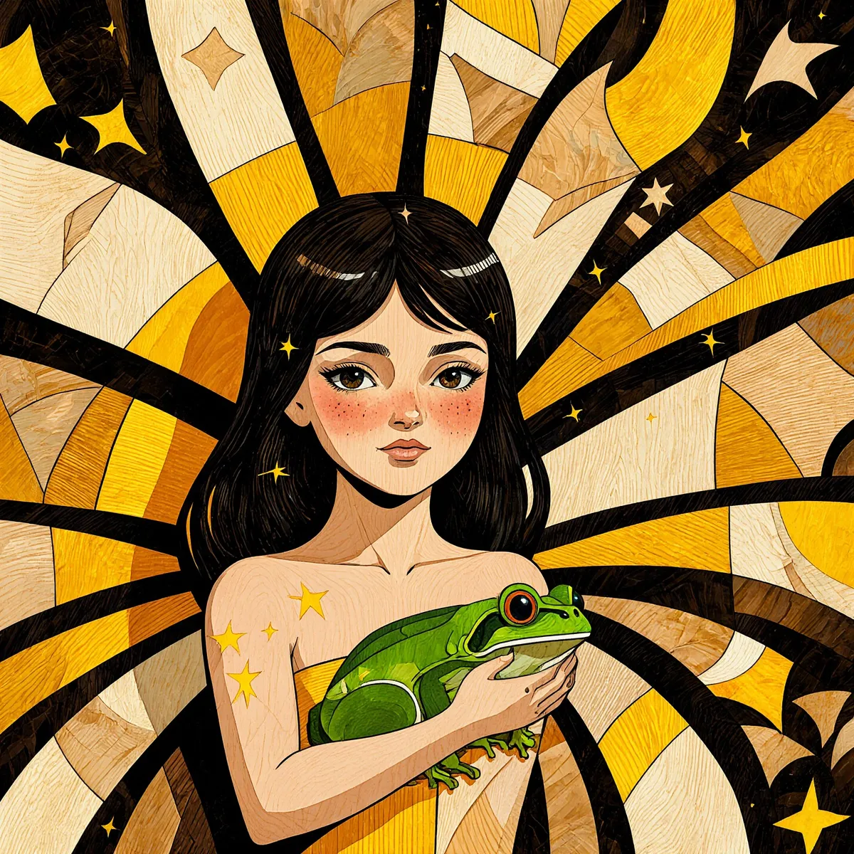 Illustration of a Cuban fairy holding a green magic frog with yellow sparks around, set against a background of striated angular shapes in yellow and brown wood textures.