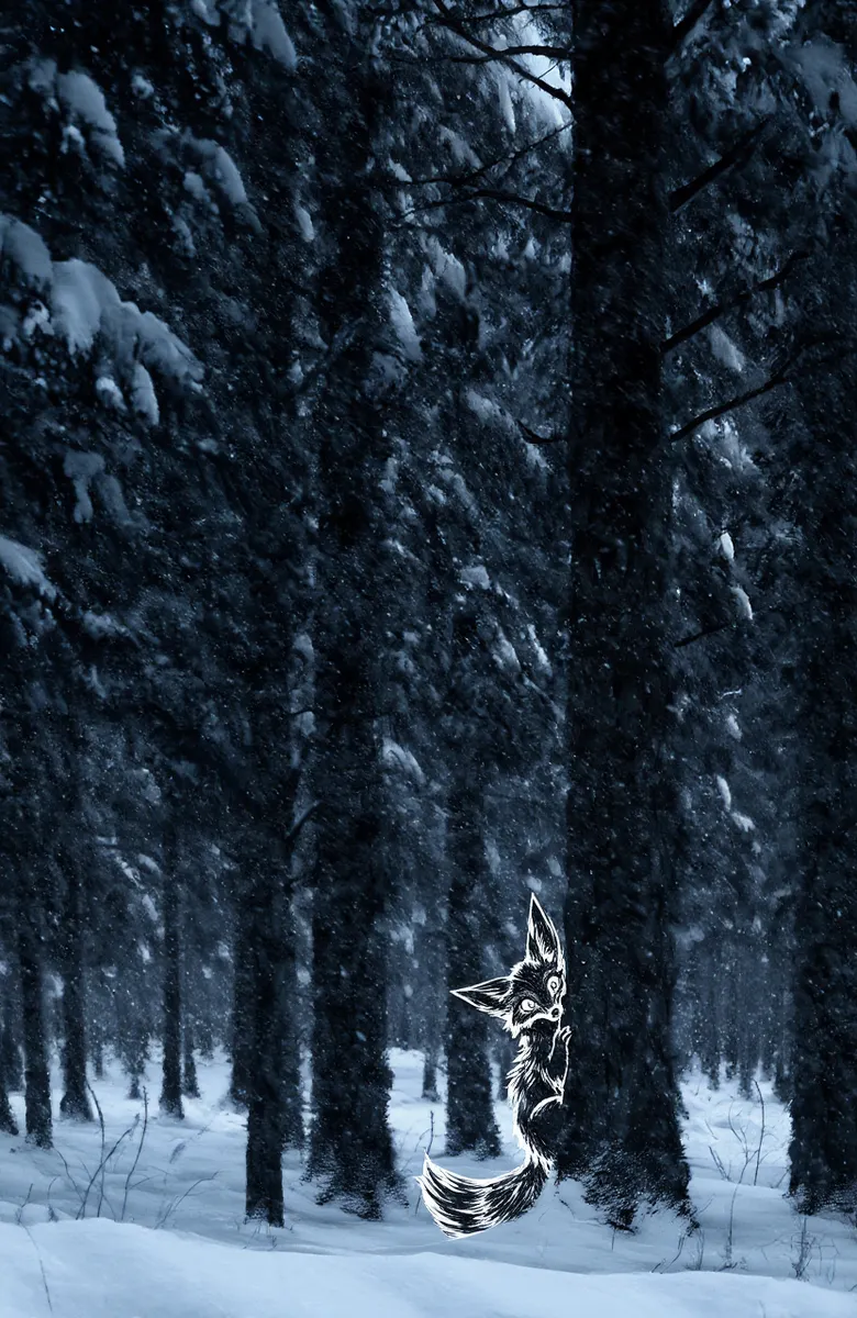Moody snowy forest scene with tall evergreen trees and a white outlined fox partially hidden behind a tree with large expressive eyes and bushy tail.