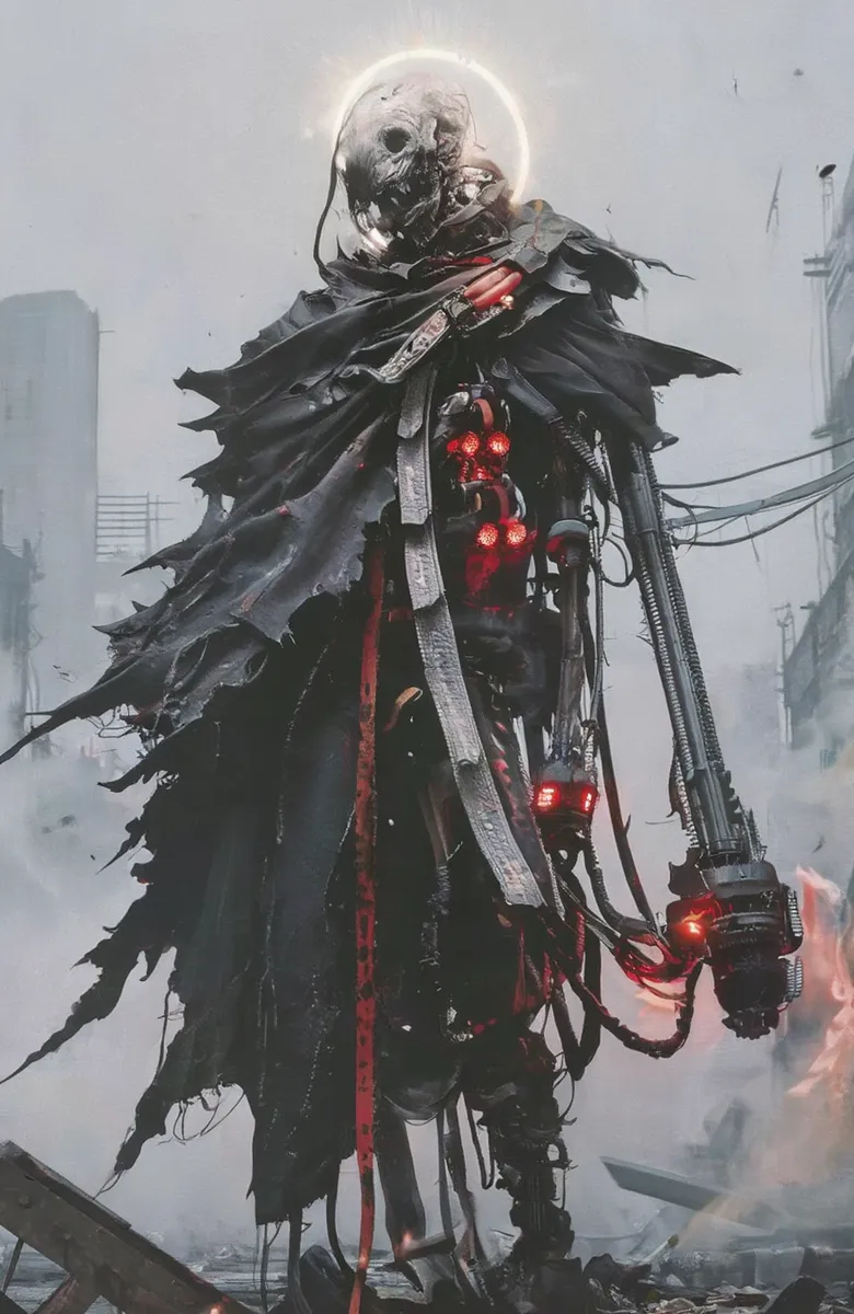 A towering skeletal humanoid figure with a glowing halo above its skull wearing a jagged, tattered black cloak, integrated with mechanical gun-like elements, standing amidst a foggy, ruined post-apocalyptic city.
