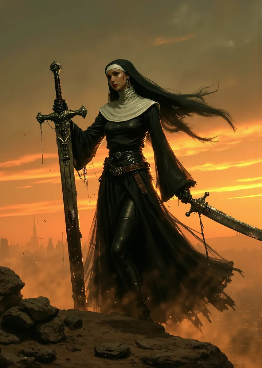 A powerful nun dressed in a flowing black and white habit holding a massive rusty sword, standing on rocky terrain with a dramatic sundawn desert backdrop in cyberpunk style.