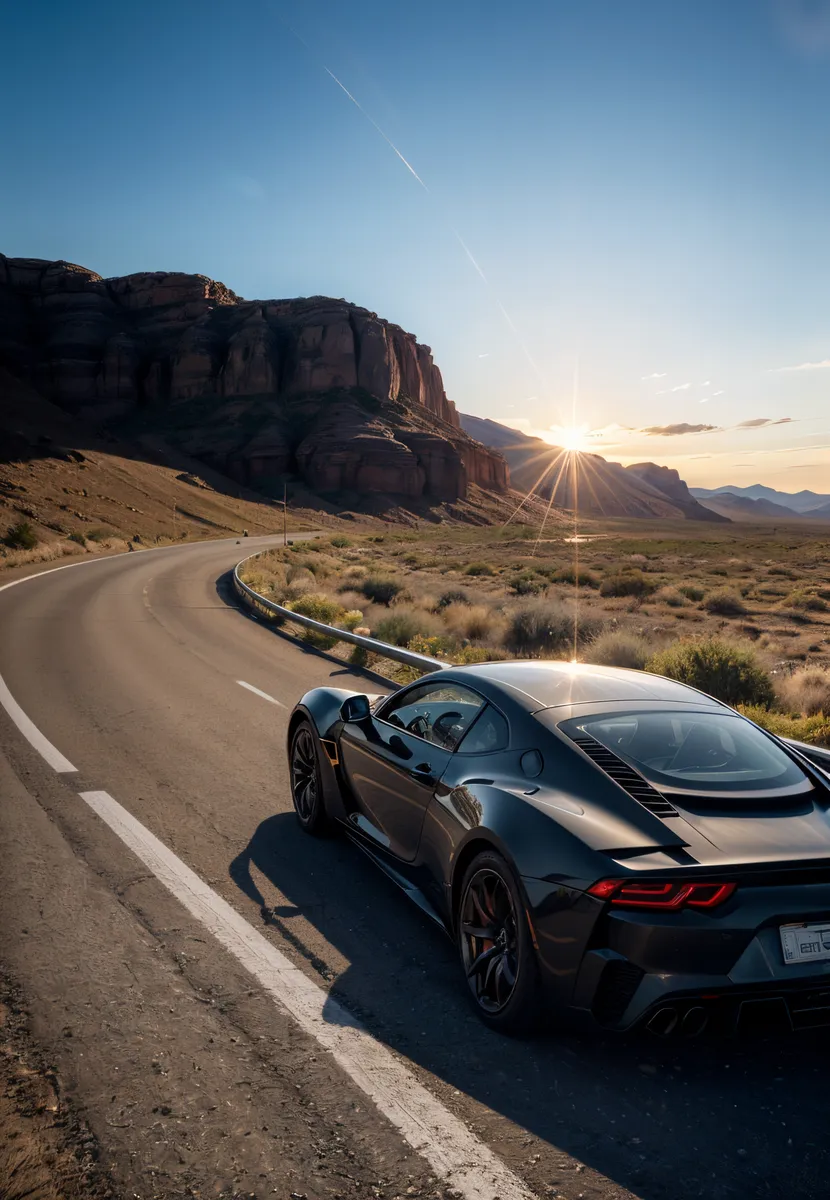 Rear view of a sleek black supercar driving on a winding highway in a desert landscape under a bright blue sky with sunlight and lens flare